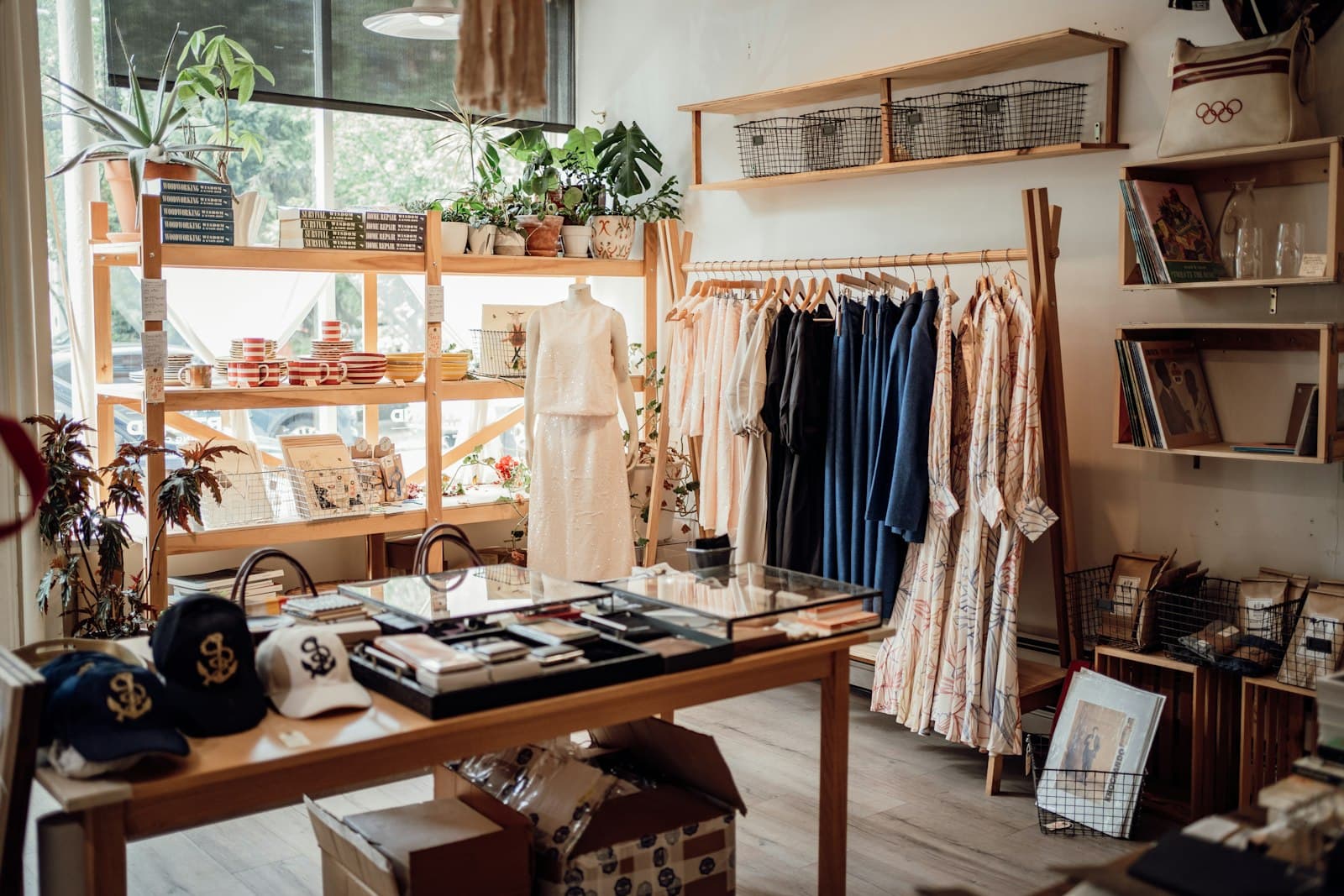 L'intérieur d'une boutique de vêtements, articles présentés en rayon.